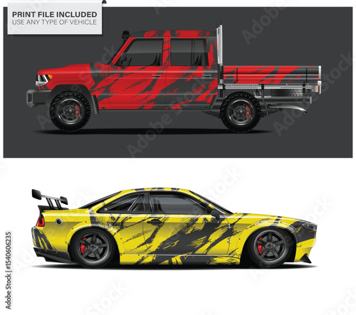 Red Truck and Yellow Sports Car with Abstract Design Wraps