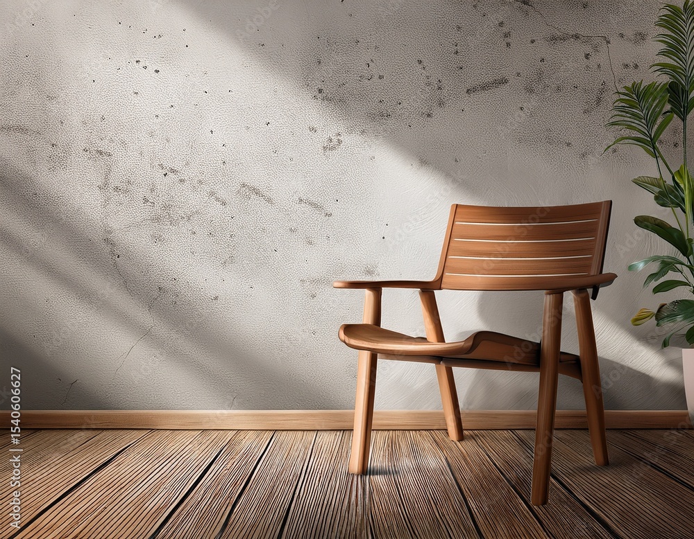wooden chair in the interior of the room with a concrete wall wooden chair in the interior of the room with a concrete wall
