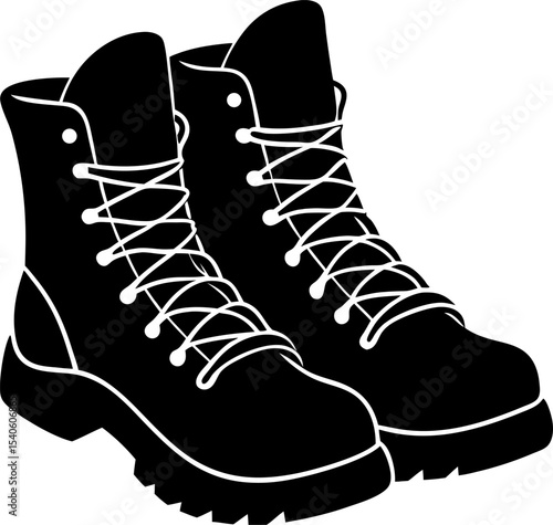 Black and white vector illustration of a pair of rugged combat boots with laces suitable for design and conceptual usage