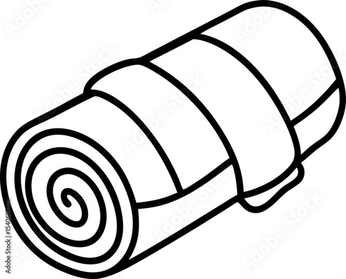 Rolled up camping sleeping pad icon in black and white with straps for outdoor adventures and travel