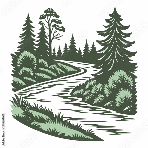 Serene forest landscape illustration featuring a winding river surrounded by trees bushes and greenery evoking nature and tranquility.