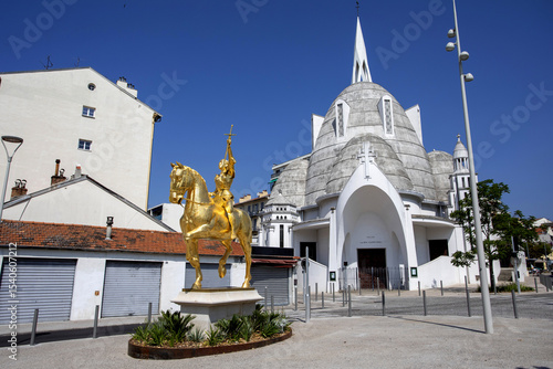 The church of Sainte Jeanne d'Arc  and it's statue in the centre of Nice on the French Riviera, France