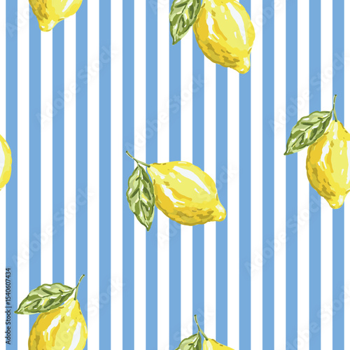 Yellow lemon fruits with green leaves on the striped background. Vector illustration. Seamless pattern. Summer design. Italian vacation