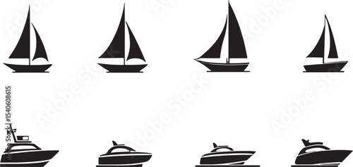 Set of Luxury Boat and Sailboat Silhouettes – Vector Illustration