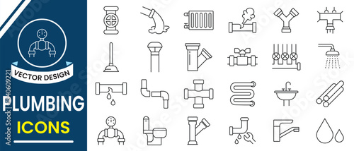 Plumbing line icon vector set. Symbol of plumbing icon, plumbing, plunger, dishwasher, leaking washing machine, water heater, sink, tool box and mores. 