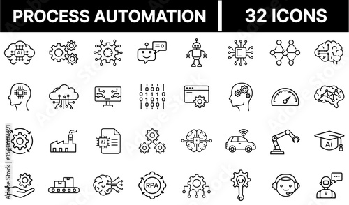 Process Automation Icon – Gear, Workflow, and AI Technology Symbol Illustration