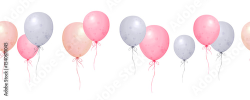 Seamless border with pink and blue air Balloons in watercolor style. Hand drawn illustration in pastel colors. Cute pattern for baby shower, birthday, party, wrapping paper, textile design.