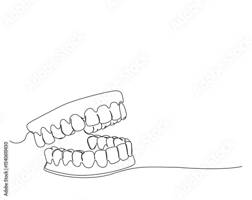Dental implan outline illustration. Continuous line drawing of Dentures.