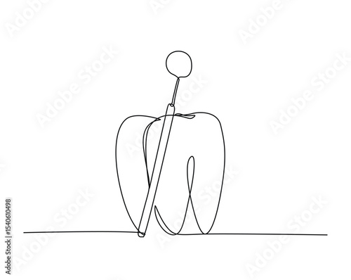 Tooth and dental mirrow outline illustration. Continuous line drawing of dental health concept.