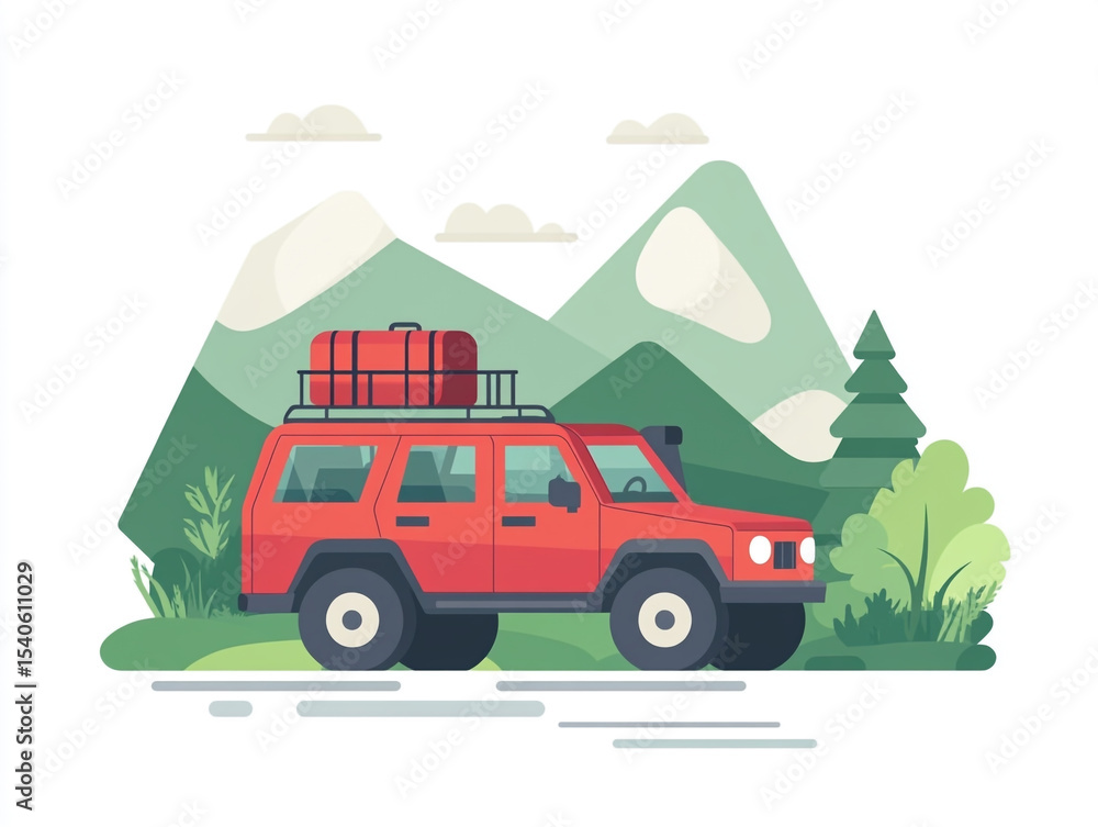 Naklejka premium A red off-road SUV with a roof rack and spare tire is depicted in a stylized illustration, set against a mountain landscape.
