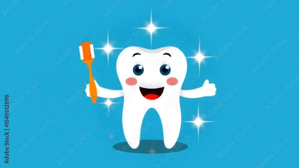 Cartoon Tooth Character Brushing Teeth with Smiling Face and Sparkles ...