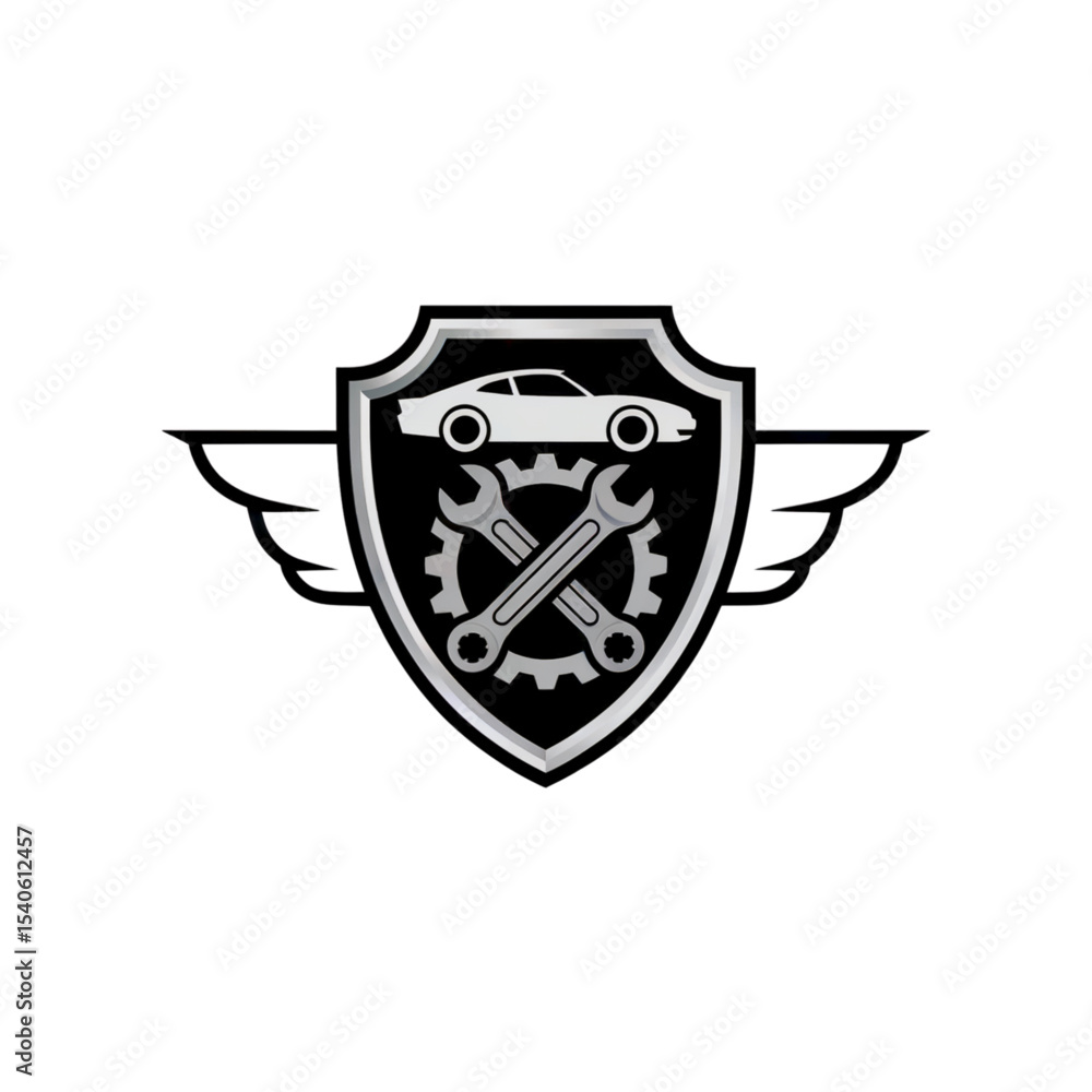 Fototapeta premium Vector emblem of a chrome automotive shield with gear symbol in the center, small car silhouette above, and symmetrical wings. Premium repair service concept, no text, no gradients, white background.