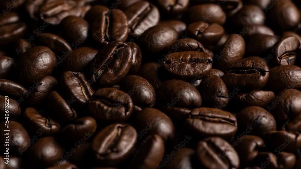 Coffee Beans Close-Up: Aromatic Texture and Rich, Dark Roasted Aroma in Motion Coffee Beans Close-Up: Aromatic Texture and Rich, Dark Roasted Aroma in Motion