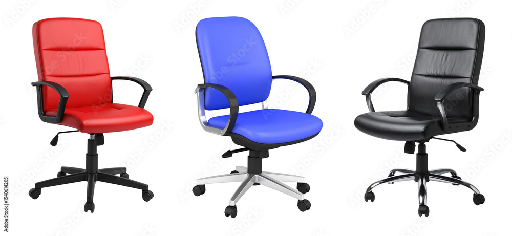Fototapeta premium Colorful Office Chairs in Red, Blue, and Black for Modern Workspace