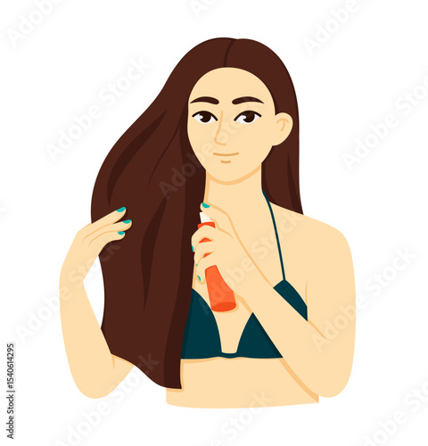 Woman taking care of her hair by applying moisturizing and sunscreen hair spray. Hair protection and care concept. Vector illustration