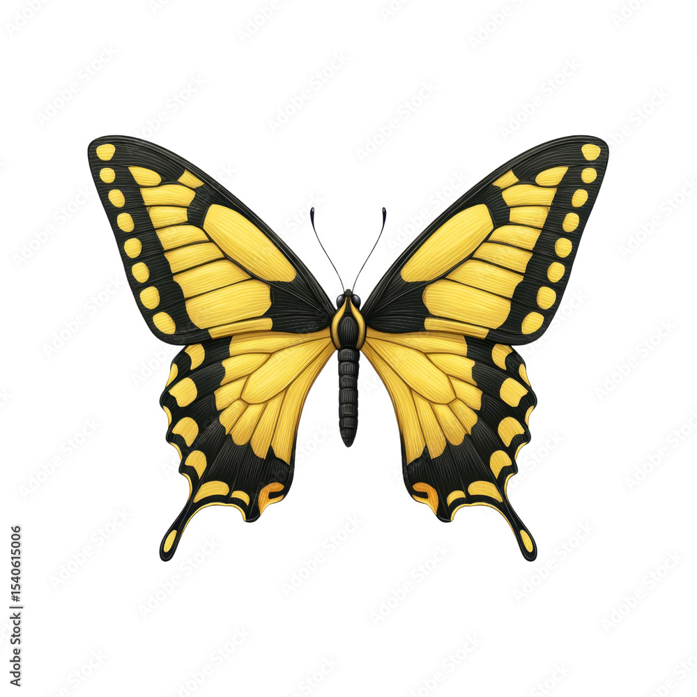 Fototapeta premium Beautiful Yellow and Black Butterfly with Detailed Wing Patterns Isolated on White Background Transparent background or png