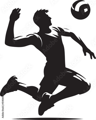 Silhouette of a man jumping to hit a volleyball in a stylized black and white vector illustration design