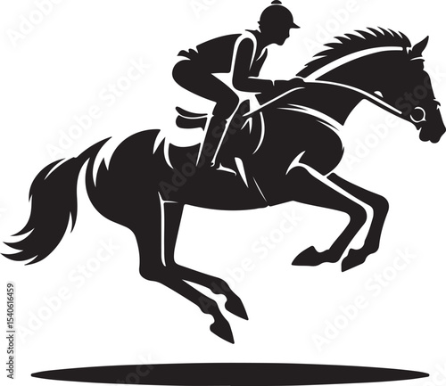 A black silhouette of a horse and rider jumping over an obstacle in a stylized vector illustration