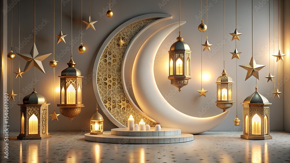 Obraz premium “Eid-themed podium with lanterns, crescent moon, and stars”