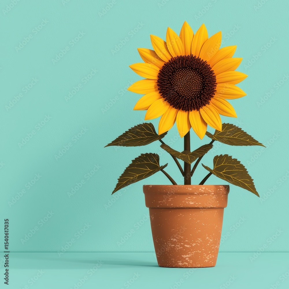 Obraz premium Bright Sunflower Plant in Pot on Vibrant Teal Background