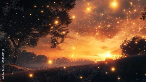 Sunset fireflies glow across a field