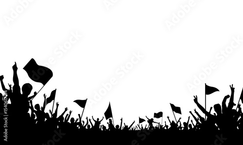 Silhouette of a crowd of supporters with flags and cheers on white background. parties and celebrations.