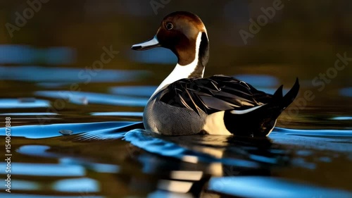Pintail duck swimming in a calm water pond with blurred background. Wildlife duck with brown head and grey body in a natural lake.