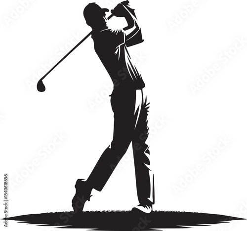 A silhouette of a golfer in mid swing against a white background showing the power and grace of the sport