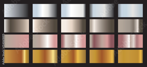 Rose gold, golden, silver, bronze gradient, pattern ,template Set of colors for design, collection of high quality gradients. Metallic texture, shiny back ground. Pure metal.
