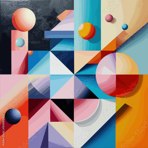 Colorful abstract geometric artwork with 3D spheres, sharp angles, and gradient blocks in modern cubist style