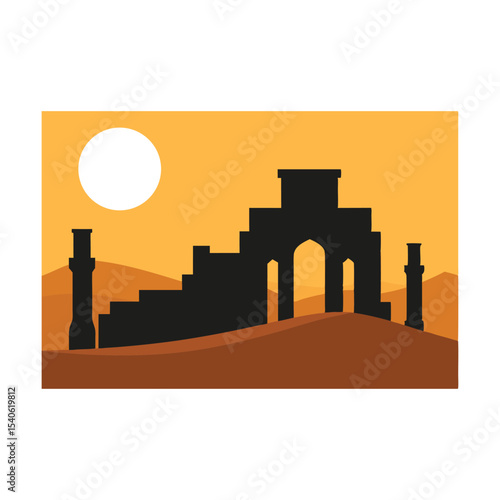 Silhouette of Ancient Ruins at Sunset in the Desert Depicts Adventure and History and Mysterious Place To Discover