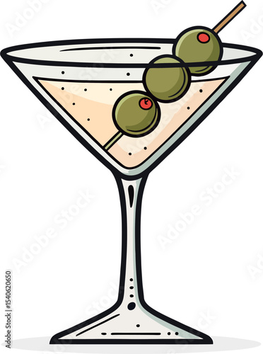 Minimalist Cartoon Martini Glass with Green Olives – Flat Vector Cocktail Icon for Bar or Drink Menu Design