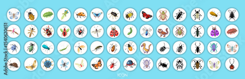 A digital illustration of various insects, arranged in a grid pattern.  Top left, a ladybug with red shell and black spots.  Top middle, a dragonfly with translucent wings and vibrant blue accents.  T