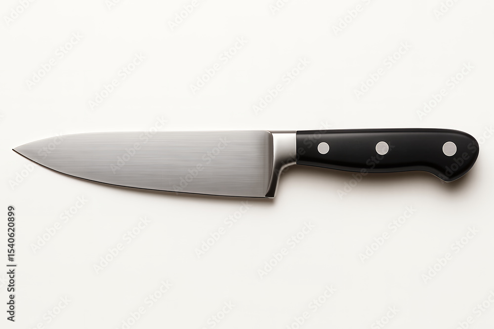 A close-up shot of a sharp chef's knife with a black handle isolated on a white background. A close-up shot of a sharp chef's knife with a black handle isolated on a white background.