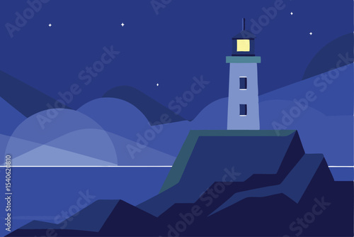 Nighttime Beacon A Coastal Lighthouse Under Starry Skies Illuminating the Waters Edge Guiding Ships with Its Light