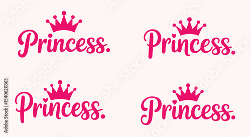 Pink princess text with crown isolated on white background