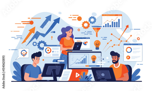 Growth hacking concept – fast-paced digital team with upward arrows and marketing tools vector