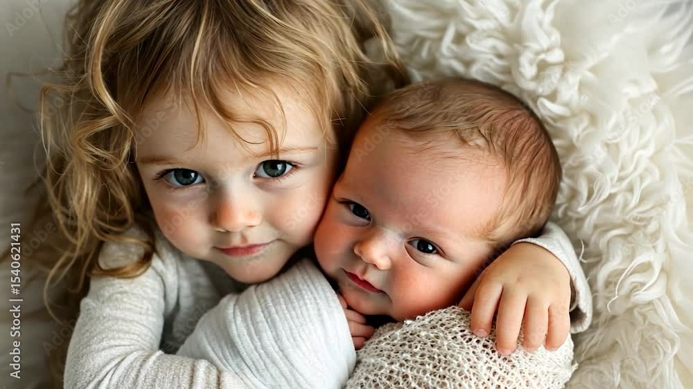 Young Girl Embracing Newborn Baby On A Fluffy White Surface Soft Warm Tones Young Girl Embracing Newborn Baby On A Fluffy White Surface Soft Warm Tones