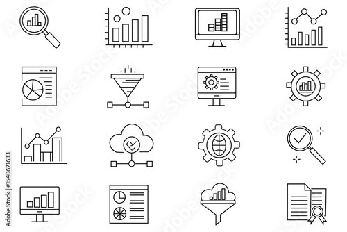Outline business analytics and statistics icon pack with charts, graphs, and data visualization