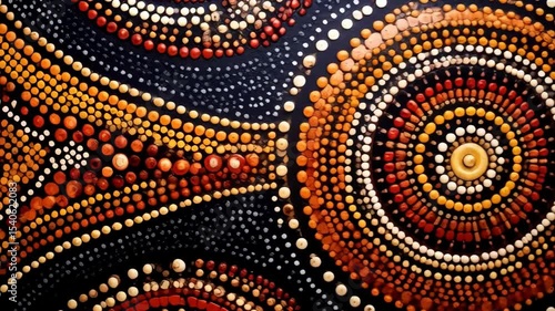 Intricate circular patterns are created using dots and earth-tone colors, evoking a sense of aboriginal art and organic, textured designs.