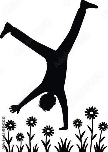Silhouette boy doing cartwheel in field of flowers vector illustration