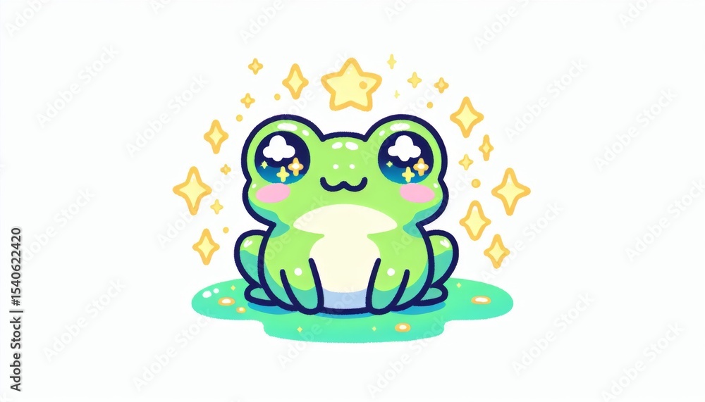 Fototapeta premium Cute Green Pixel Art Frog with Stars