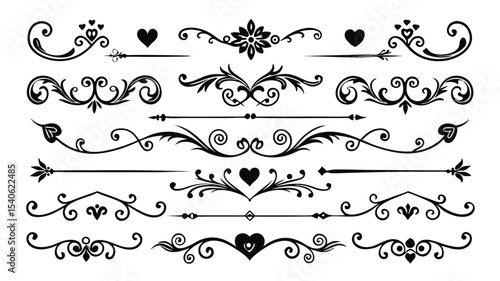 Set of decorative floral design elements with vintage scrolls and ornate borders