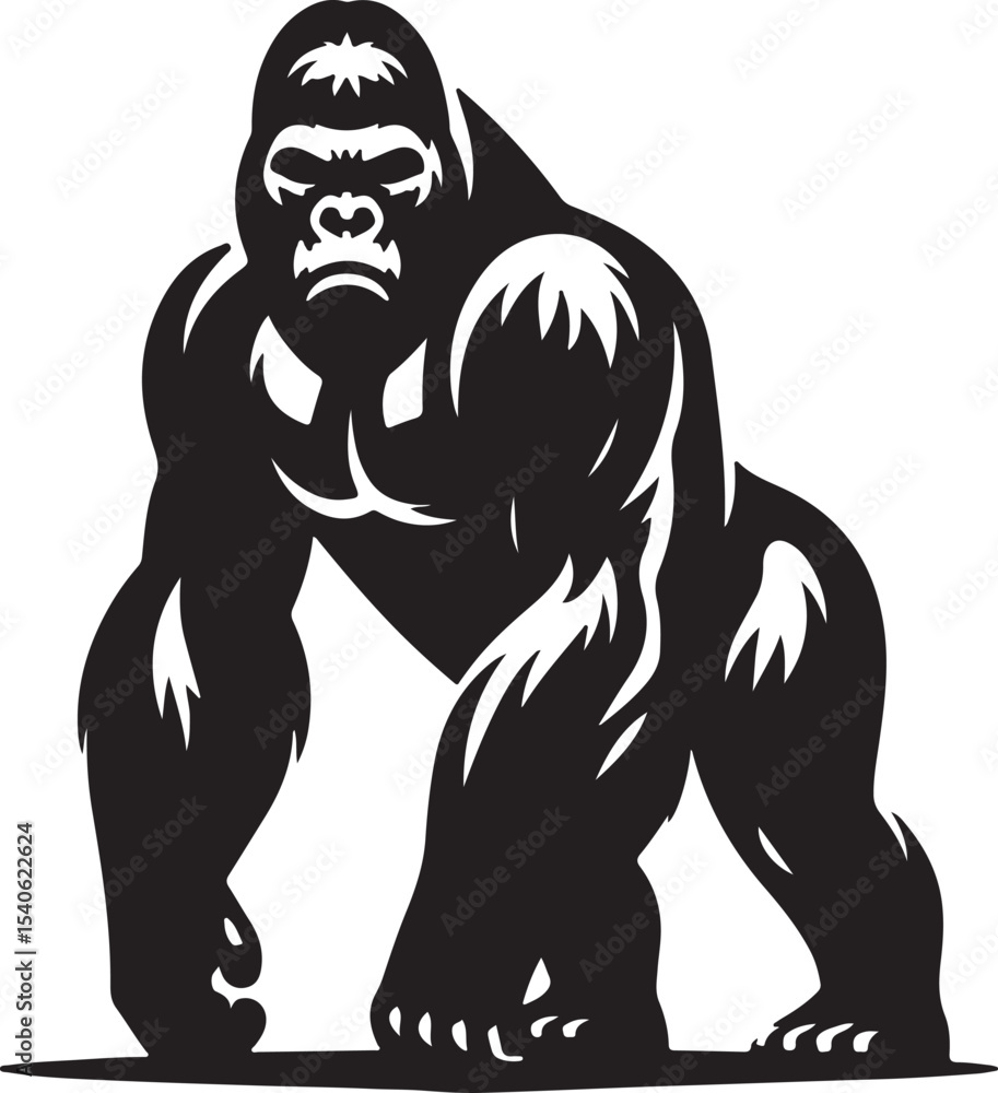 Obraz premium Illustration of a muscular gorilla standing on all fours in black and white vector art design style