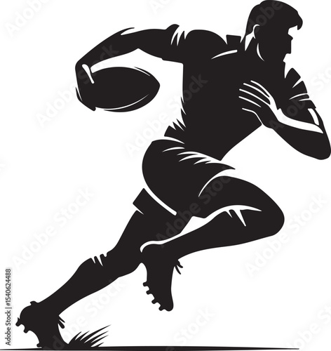 A silhouette of a rugby player running with the ball in hand on a white background illustration