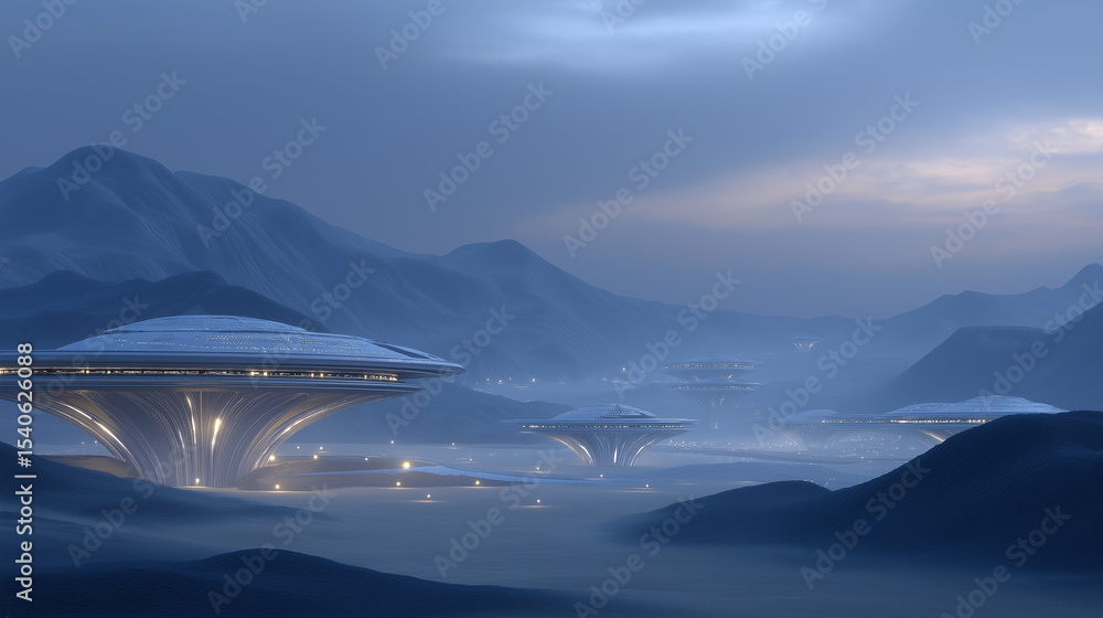 Fototapeta premium Futuristic landscape with alien structures and gentle illumination