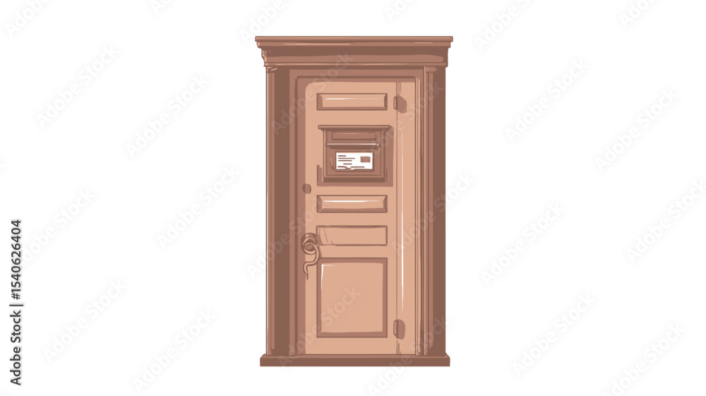 The image shows a digitally rendered illustration of a classic wooden door. The door is primarily light beige with a darker brown wooden frame and detailing. The door features raised panels, The image shows a digitally rendered illustration of a classic wooden door. The door is primarily light beige with a darker brown wooden frame and detailing. The door features raised panels,