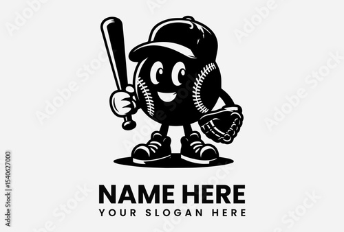 A cartoon baseball player, holding a bat and mitt, in a logo design.