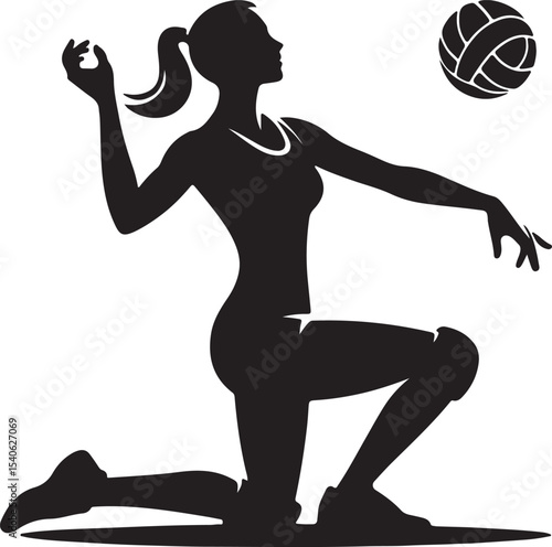 Silhouette of a woman kneeling and about to hit a volleyball in a white background illustration