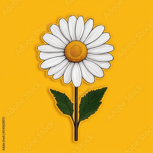 Single White Daisy Flower Illustration on Bright Yellow Background